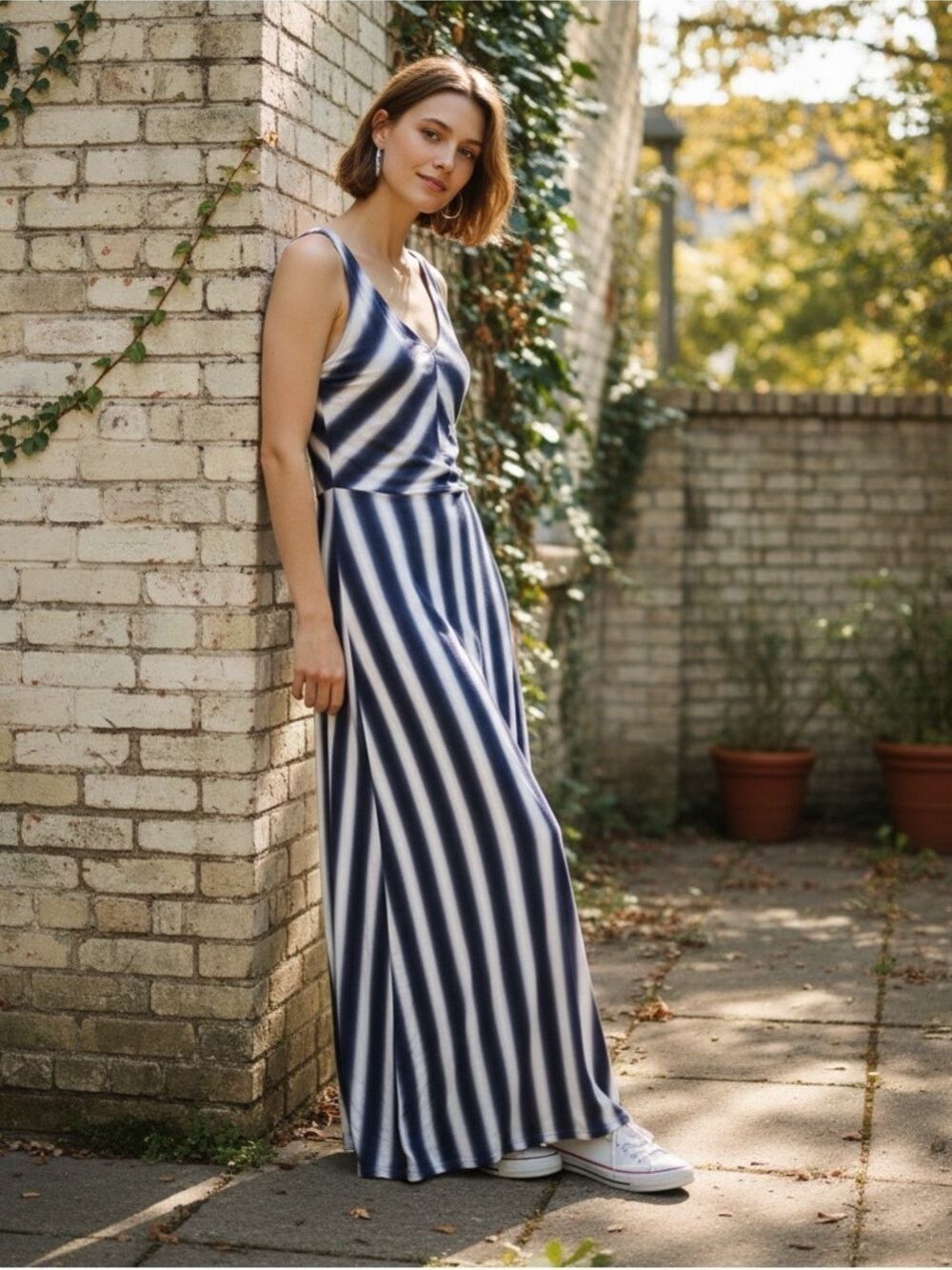 Y2k Gap Maxi Dress Sleeveless Longline Medium Blue Striped Soft Drape Stretch